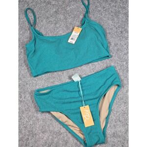 Kona Sol Bikini Turquoise Smocked Crinkle Swimsuit M Bottom XL Top Swim Tank NEW